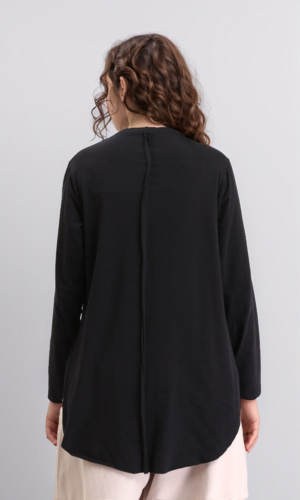 R212492 - Cotton Round Neck Solid Long Tee - Black