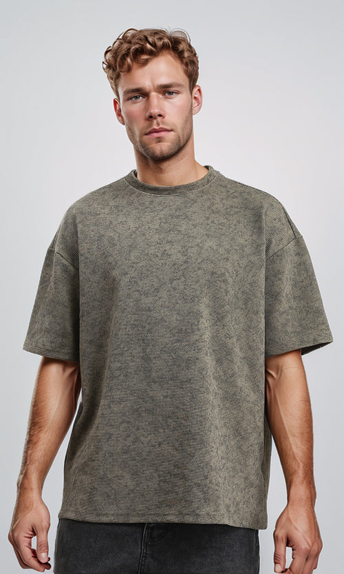 R212507 - Patterned Slip On Crew Neck Tee - Dark khaki