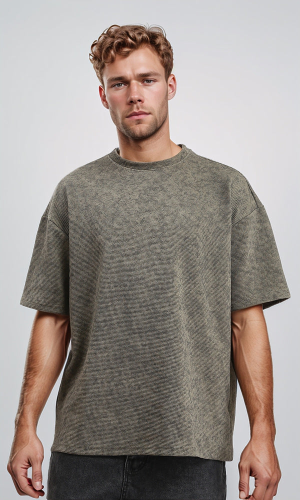 R212507 - Patterned Slip On Crew Neck Tee - Dark khaki