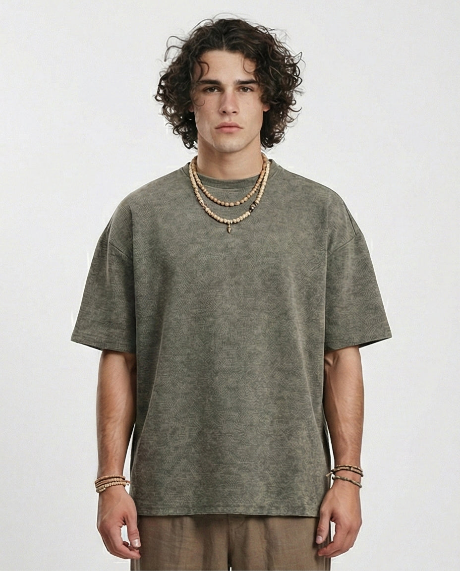 Patterned Slip On Crew Neck Tee - Dark Khaki