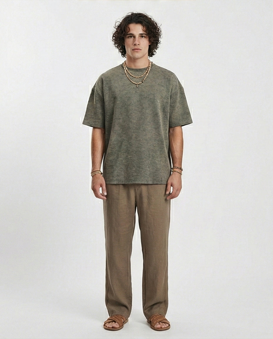 R212507 - Patterned Slip On Crew Neck Tee - Dark khaki