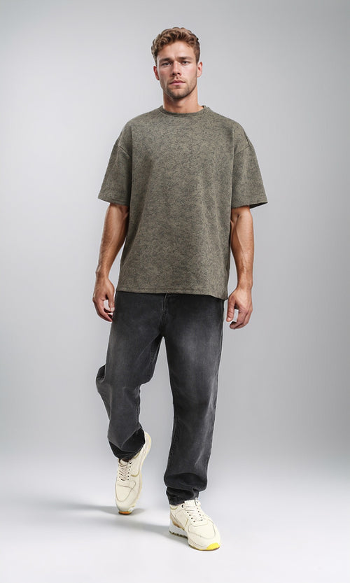 R212507 - Patterned Slip On Crew Neck Tee - Dark khaki