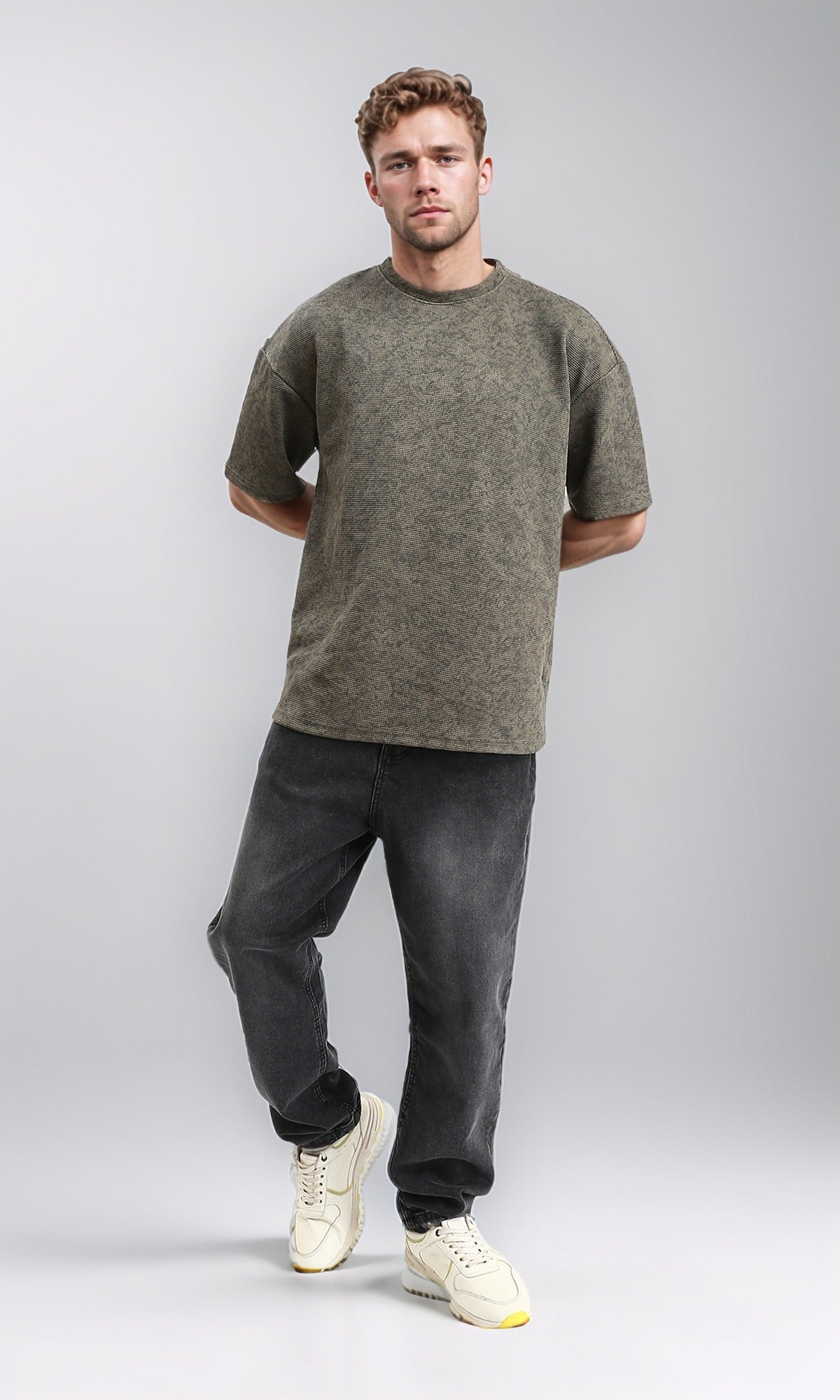 R212507 - Patterned Slip On Crew Neck Tee - Dark khaki