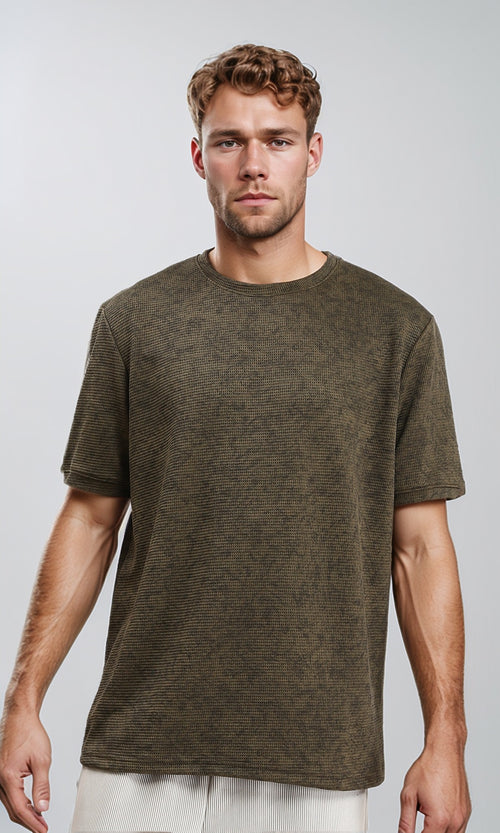 R212509 - Patterned Slip On Crew Neck Tee - Dark khaki