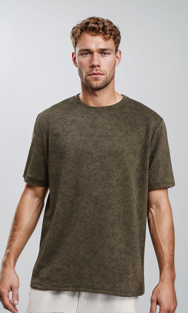 R212509 - Patterned Slip On Crew Neck Tee - Dark khaki