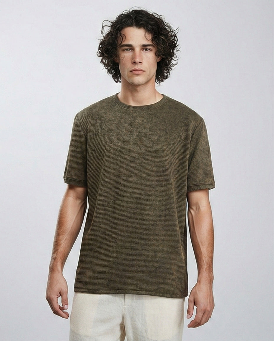Patterned Slip On Crew Neck Tee - Dark Khaki