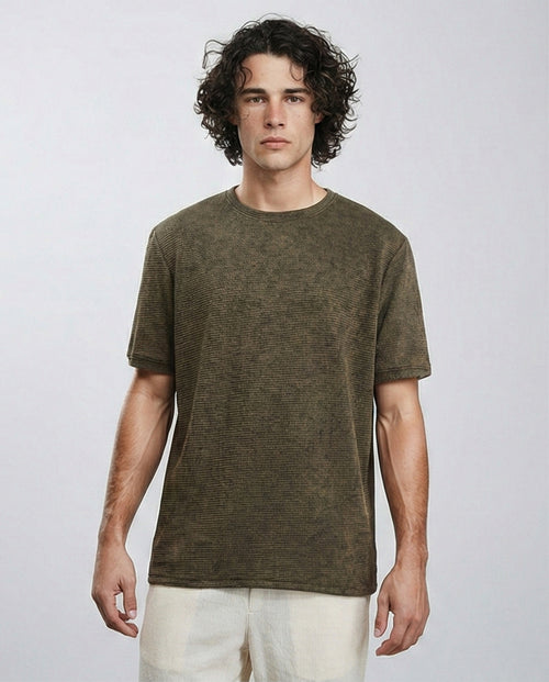 Patterned Slip On Crew Neck Tee - Dark Khaki