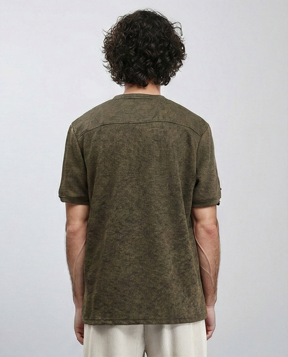R212509 - Patterned Slip On Crew Neck Tee - Dark khaki