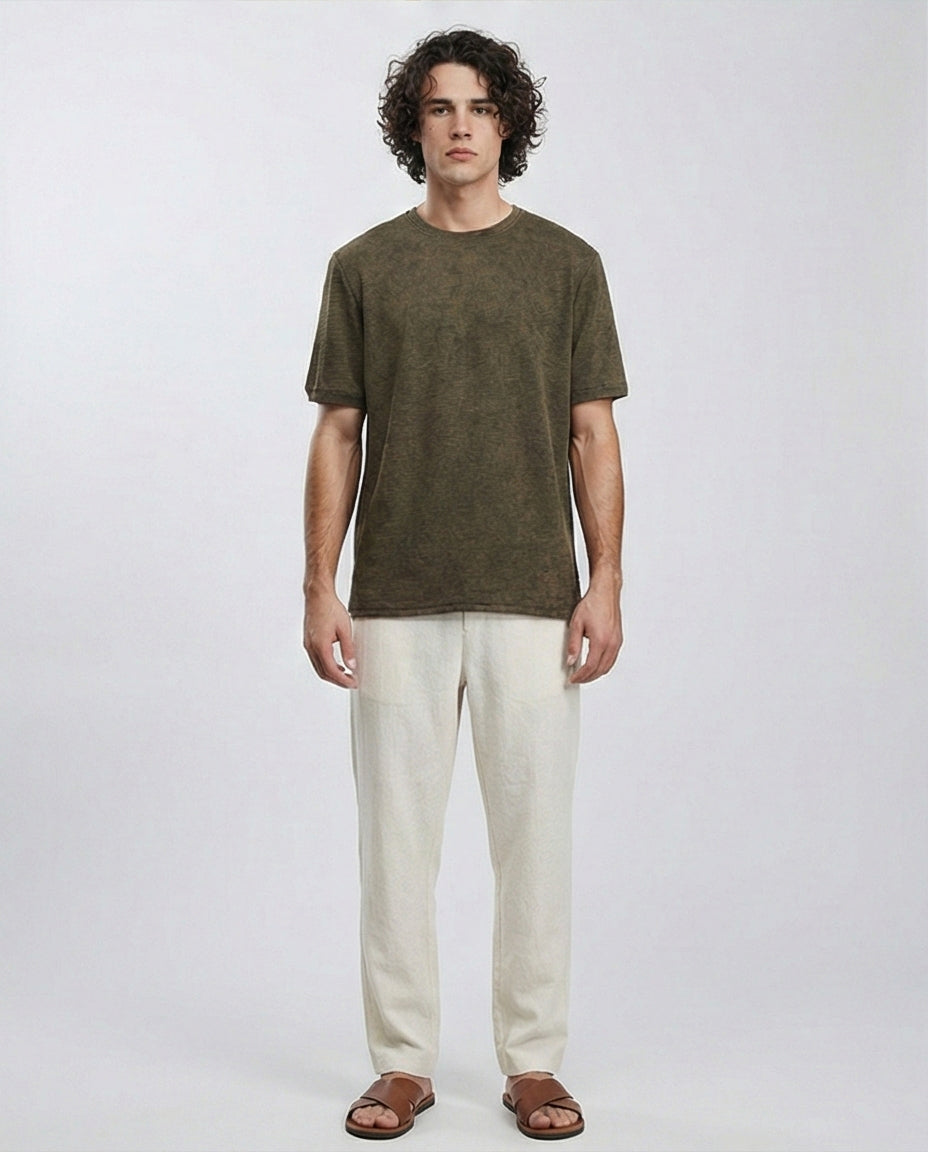 R212509 - Patterned Slip On Crew Neck Tee - Dark khaki