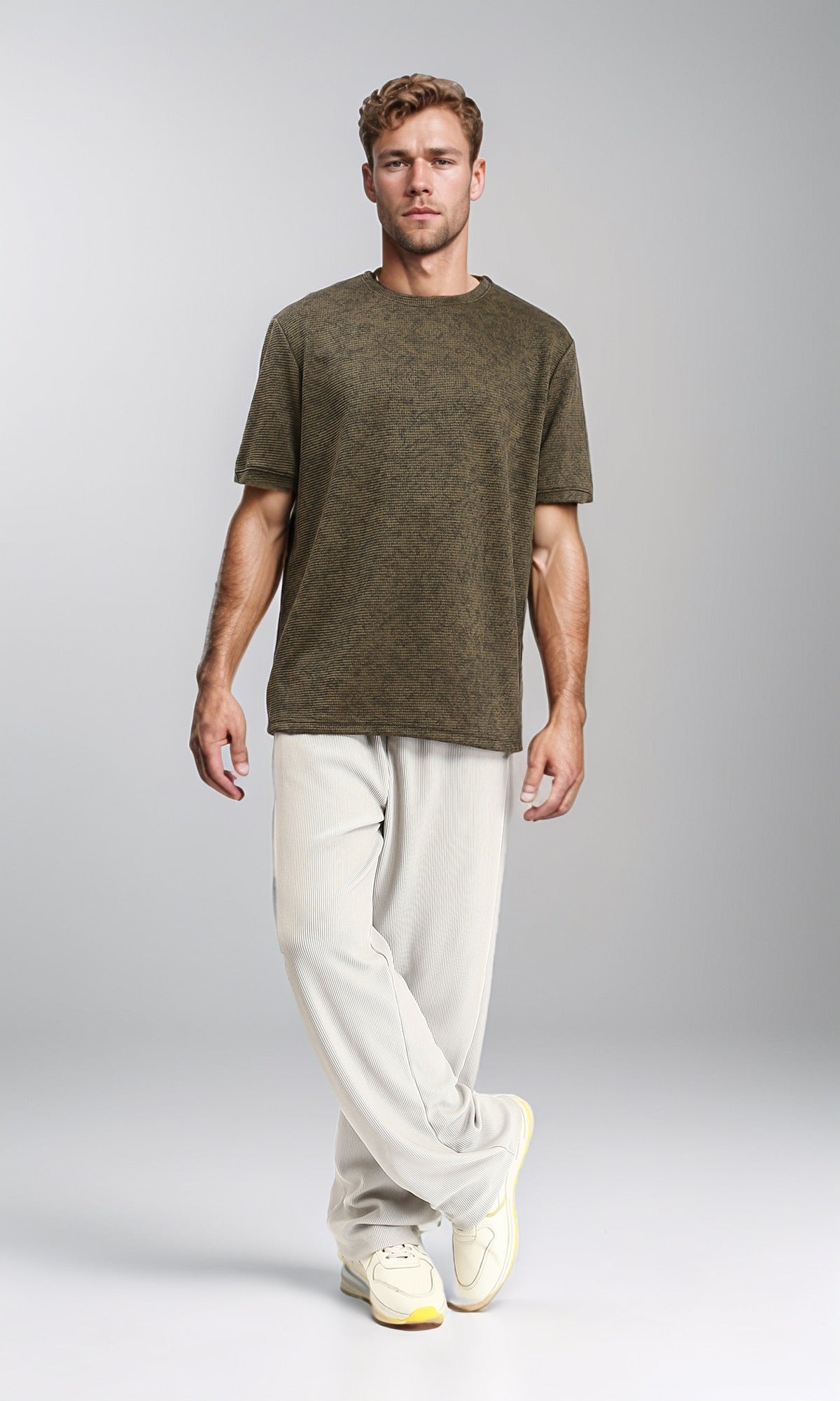 R212509 - Patterned Slip On Crew Neck Tee - Dark khaki