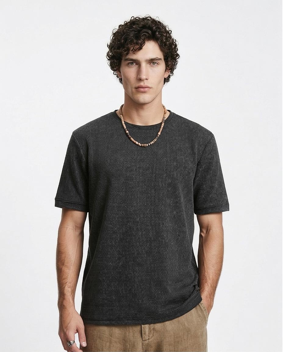 Men's Micro-Grid Textured Crewneck T-Shirt - Charcoal