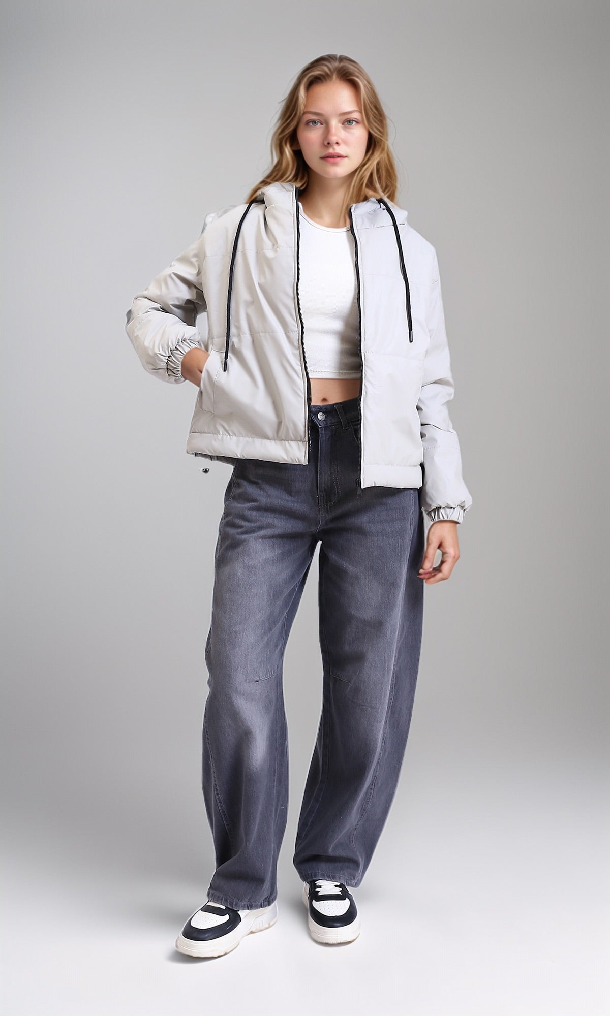 R212521 - Long Sleeves Zipped Bomber Jacket - Light Grey