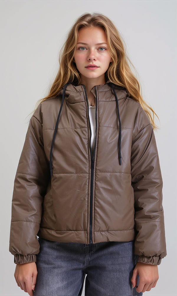 R212522 - Long Sleeves Zipped Bomber Jacket - Brown