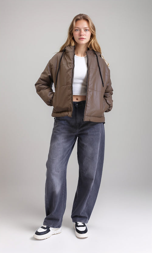 R212522 - Long Sleeves Zipped Bomber Jacket - Brown