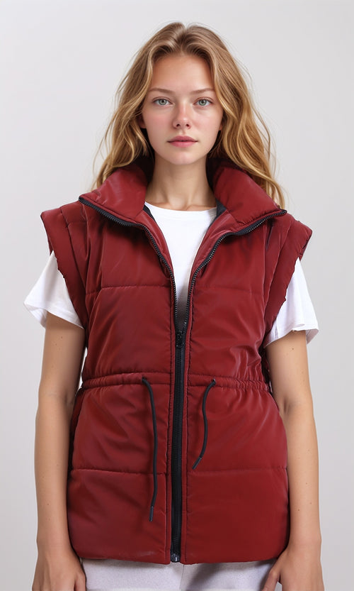 R212524 - Sleeveless Solid Drawstring Waist Vest - Dark Red