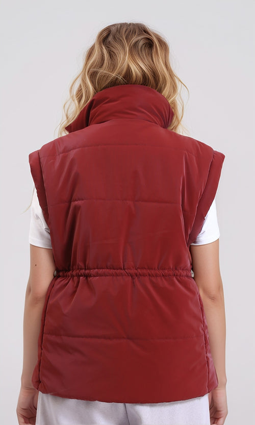 R212524 - Sleeveless Solid Drawstring Waist Vest - Dark Red