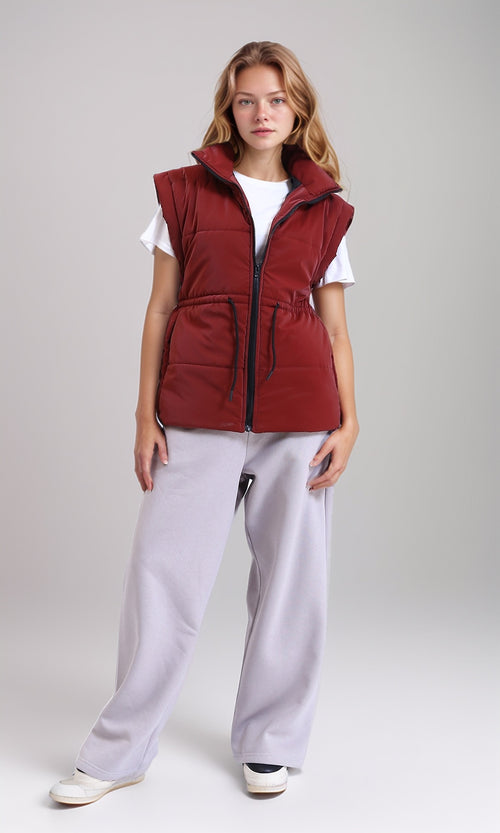R212524 - Sleeveless Solid Drawstring Waist Vest - Dark Red