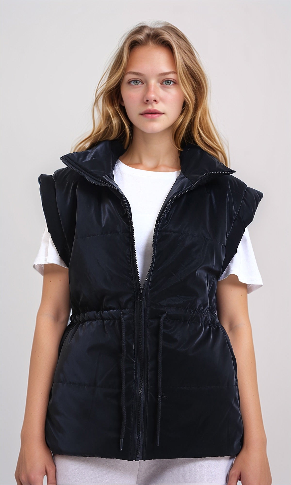 Sleeveless Solid Drawstring Waist Vest - Black