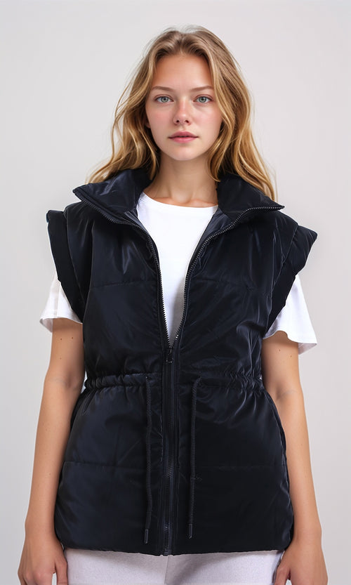 R212527 - Sleeveless Solid Drawstring Waist Vest - Black