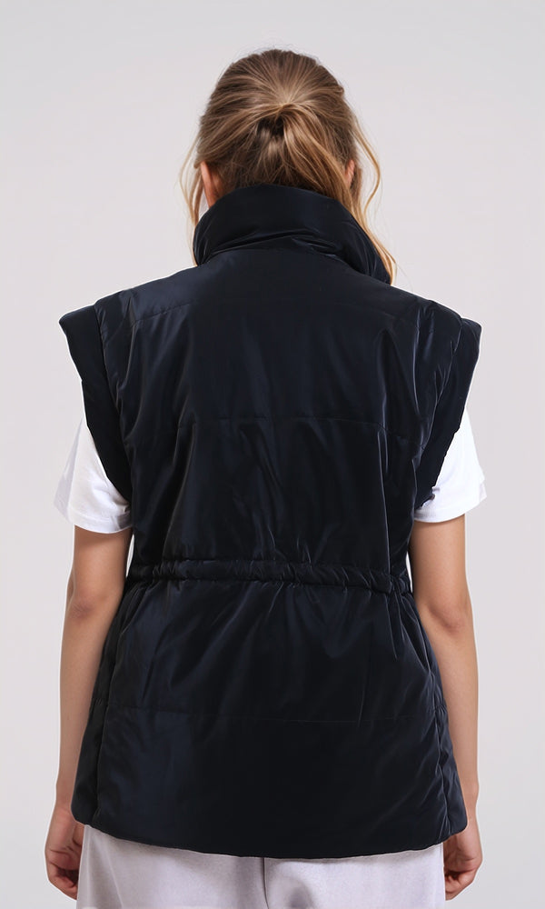R212527 - Sleeveless Solid Drawstring Waist Vest - Black
