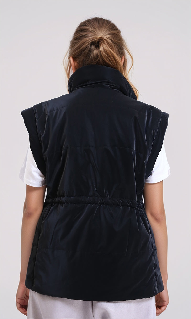 R212527 - Sleeveless Solid Drawstring Waist Vest - Black
