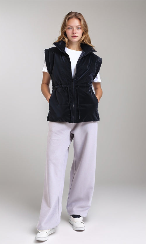 R212527 - Sleeveless Solid Drawstring Waist Vest - Black