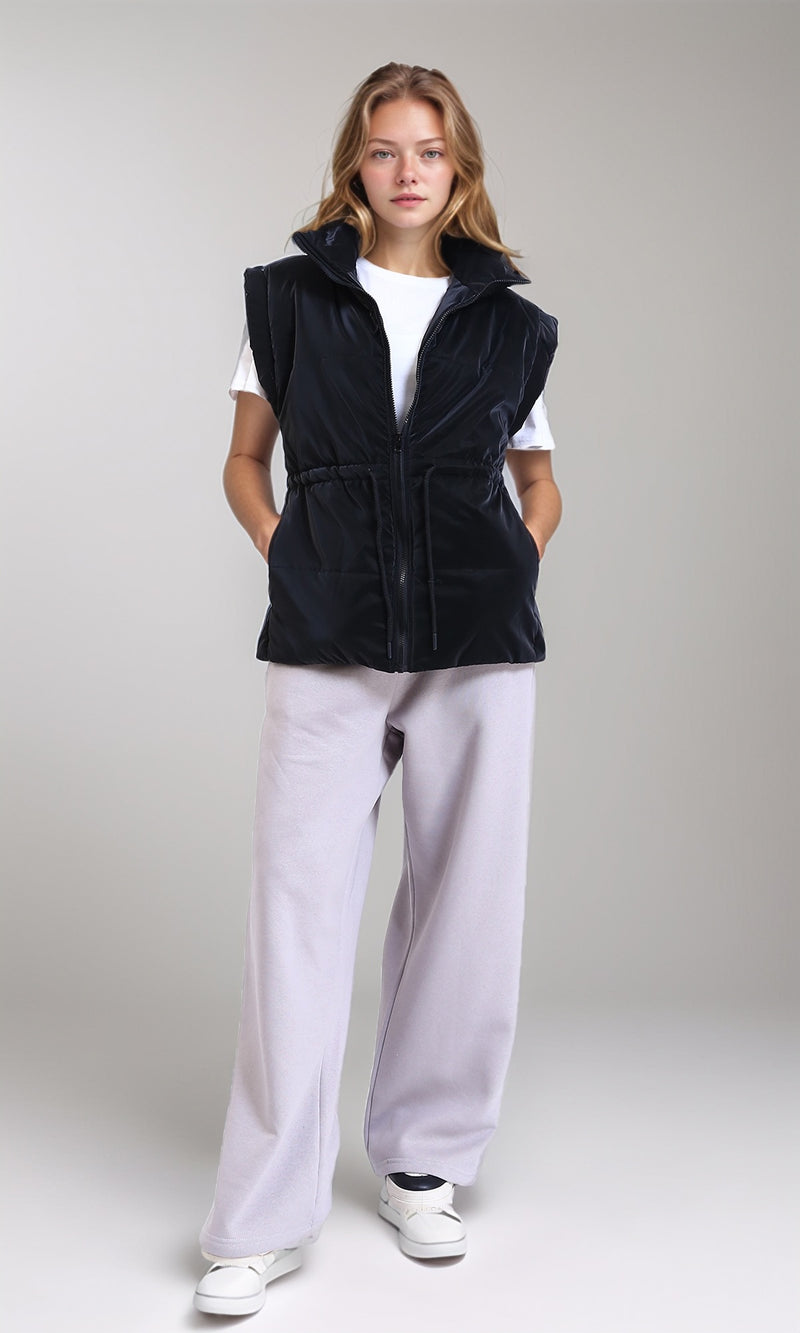 R212527 - Sleeveless Solid Drawstring Waist Vest - Black