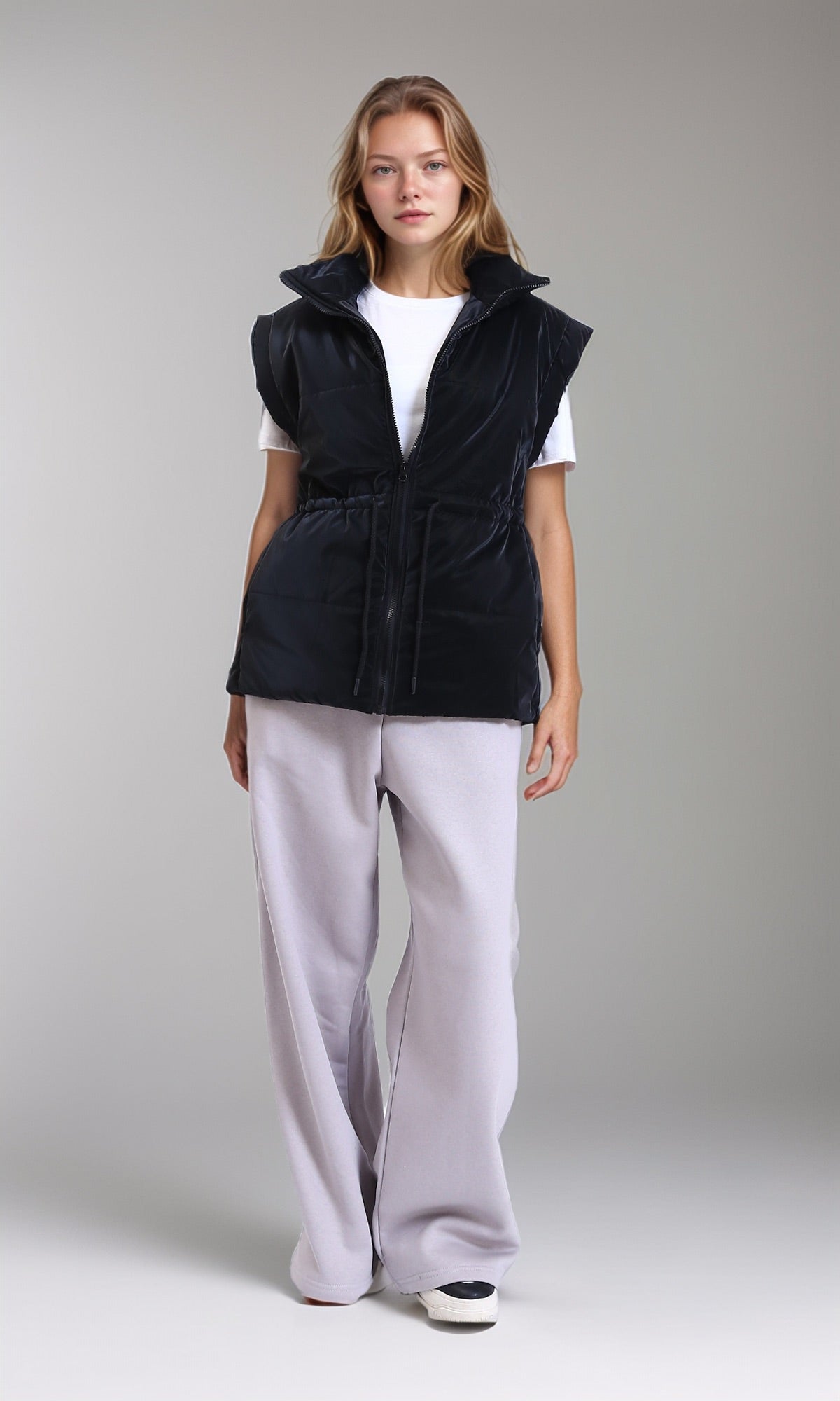 R212527 - Sleeveless Solid Drawstring Waist Vest - Black