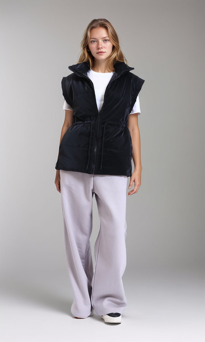 R212527 - Sleeveless Solid Drawstring Waist Vest - Black