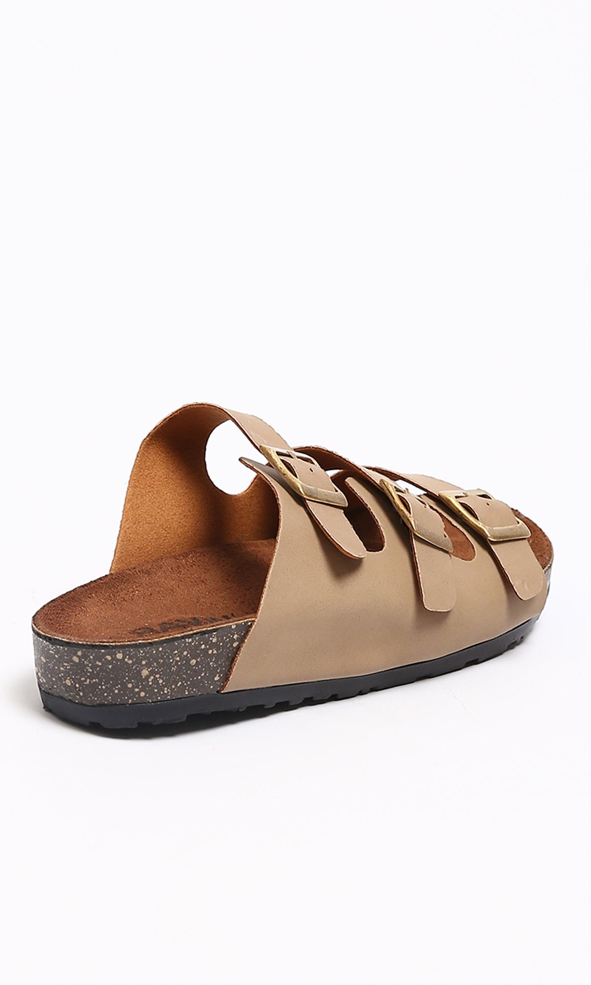 Taupe Triple-Strap Buckle Comfort Slide Sandals - R212541