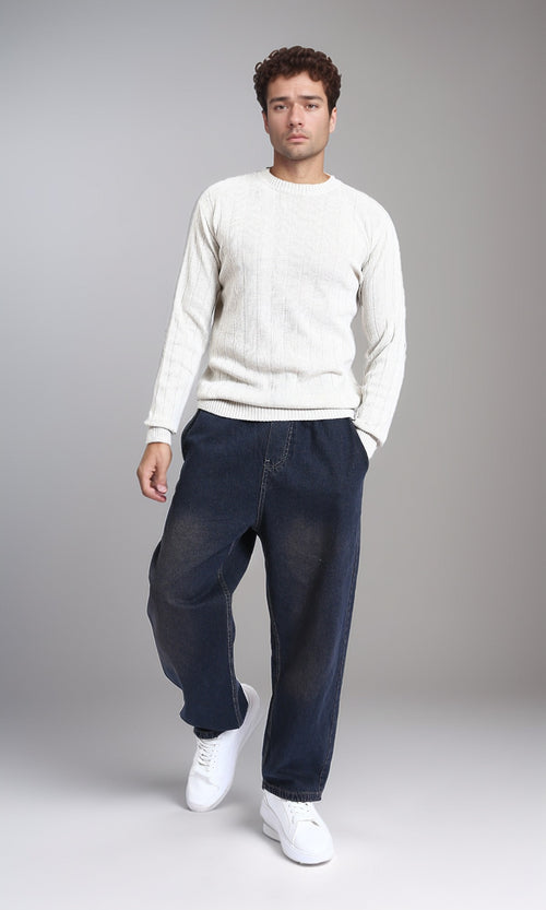 R212598 - Self Striped Winter Basic Pullover - Off-White