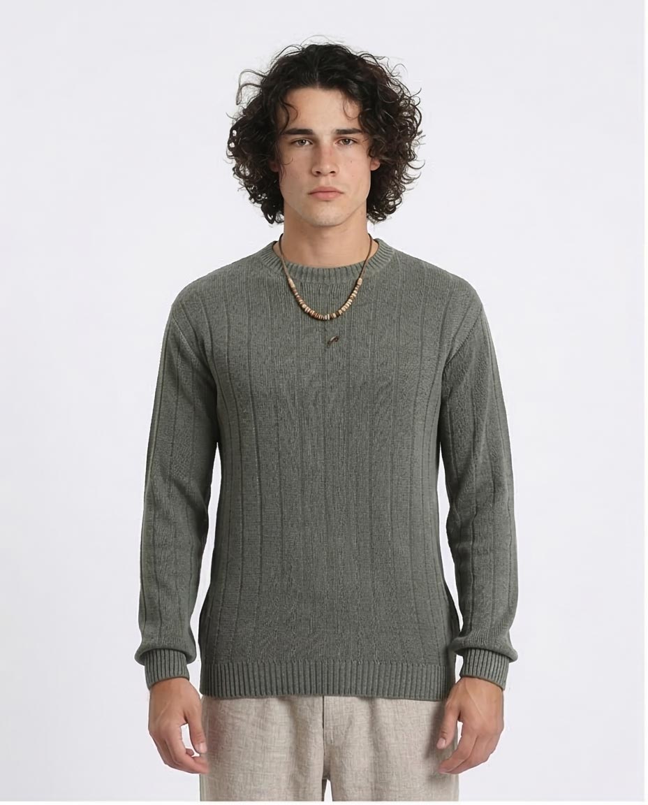 Man wearing a gray sweater on a white background