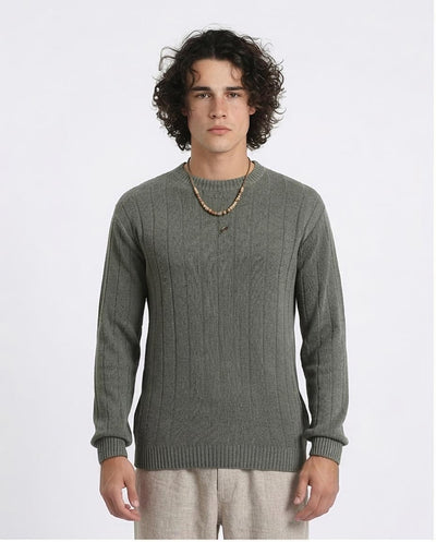 Man wearing a gray sweater on a white background