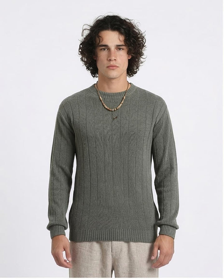 Man wearing a gray sweater on a white background
