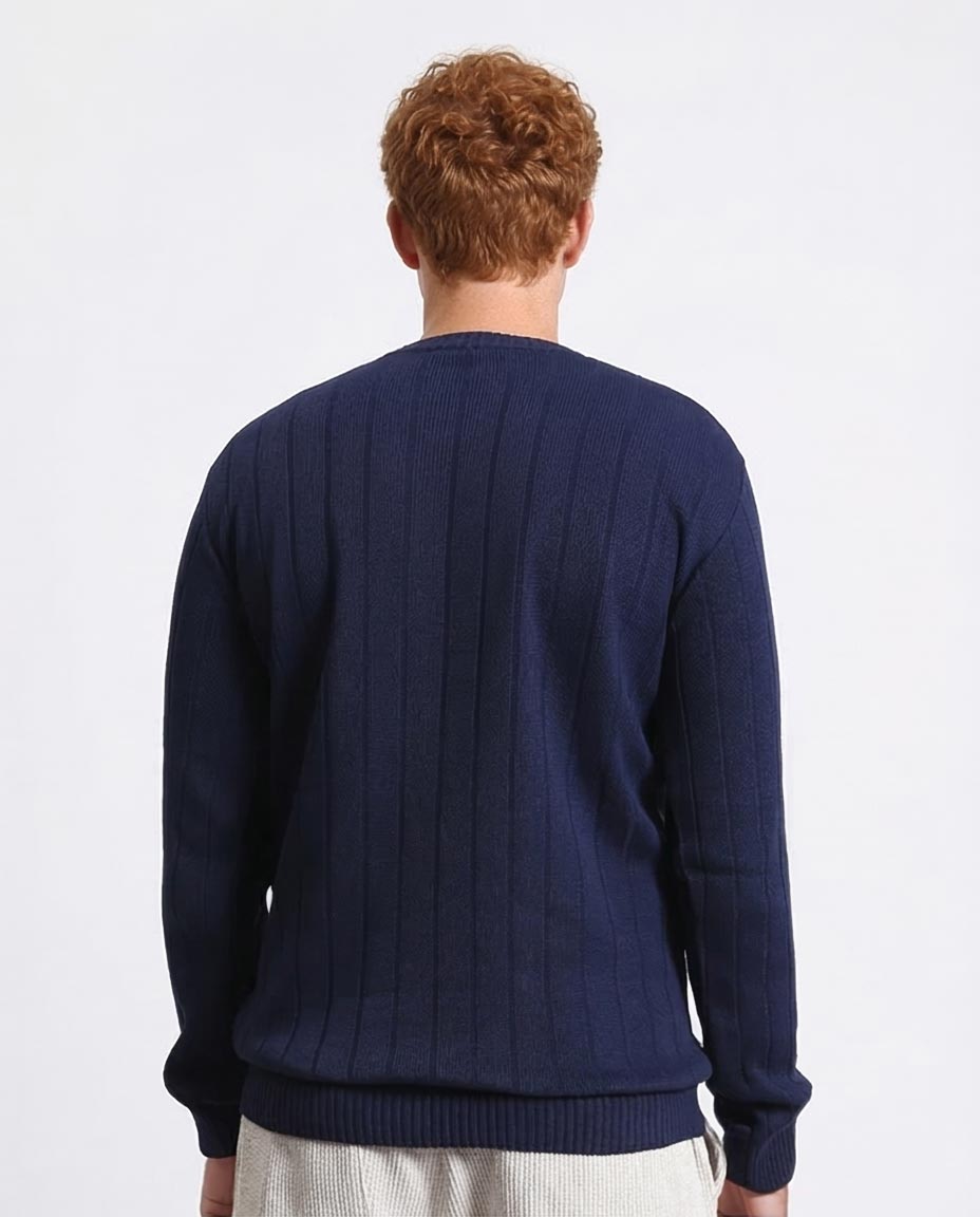 Ravin Men’s Vertical Ribbed Crew Neck Knit Sweater – Navy Blue - R212600