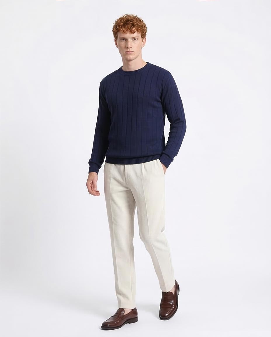 بلوفر رجالي محبوك بنقشة مضلعة طولية - كحلي - R212600