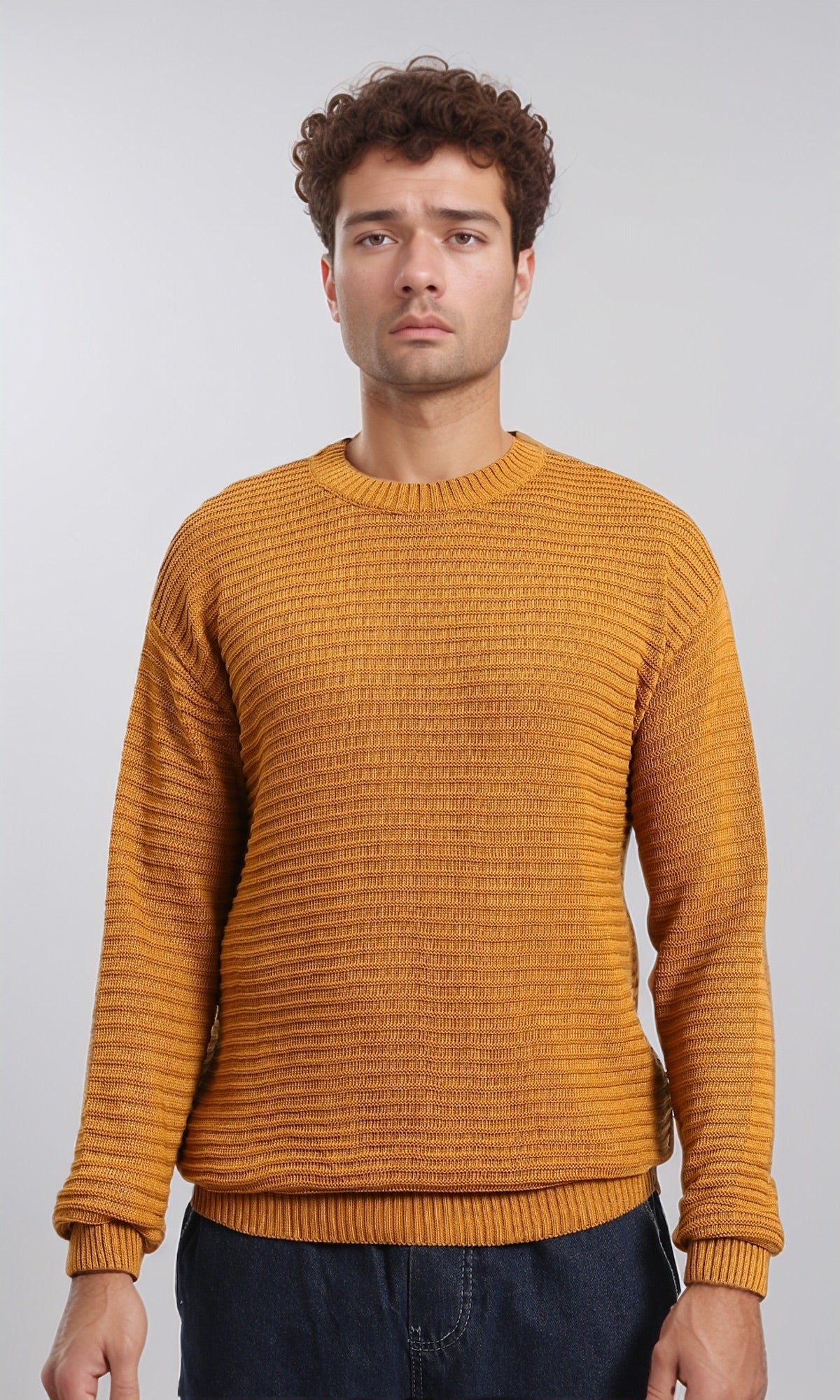 Striped Round Neck Basic Pullover - Mustard