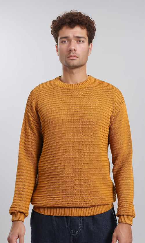 R212601 - Striped Round Neck Basic Pullover - Mustard