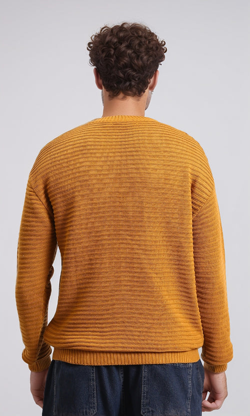 R212601 - Striped Round Neck Basic Pullover - Mustard