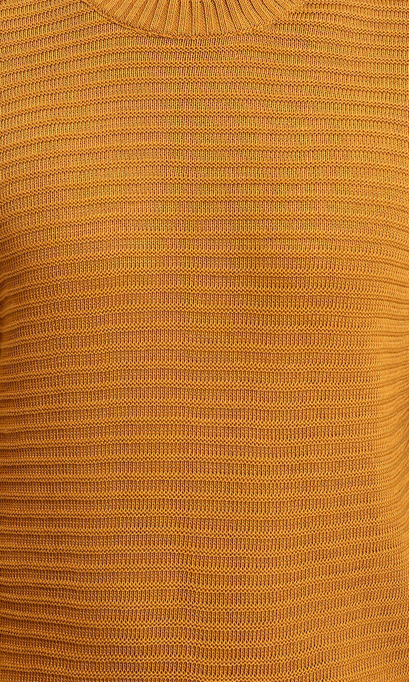 R212601 - Striped Round Neck Basic Pullover - Mustard
