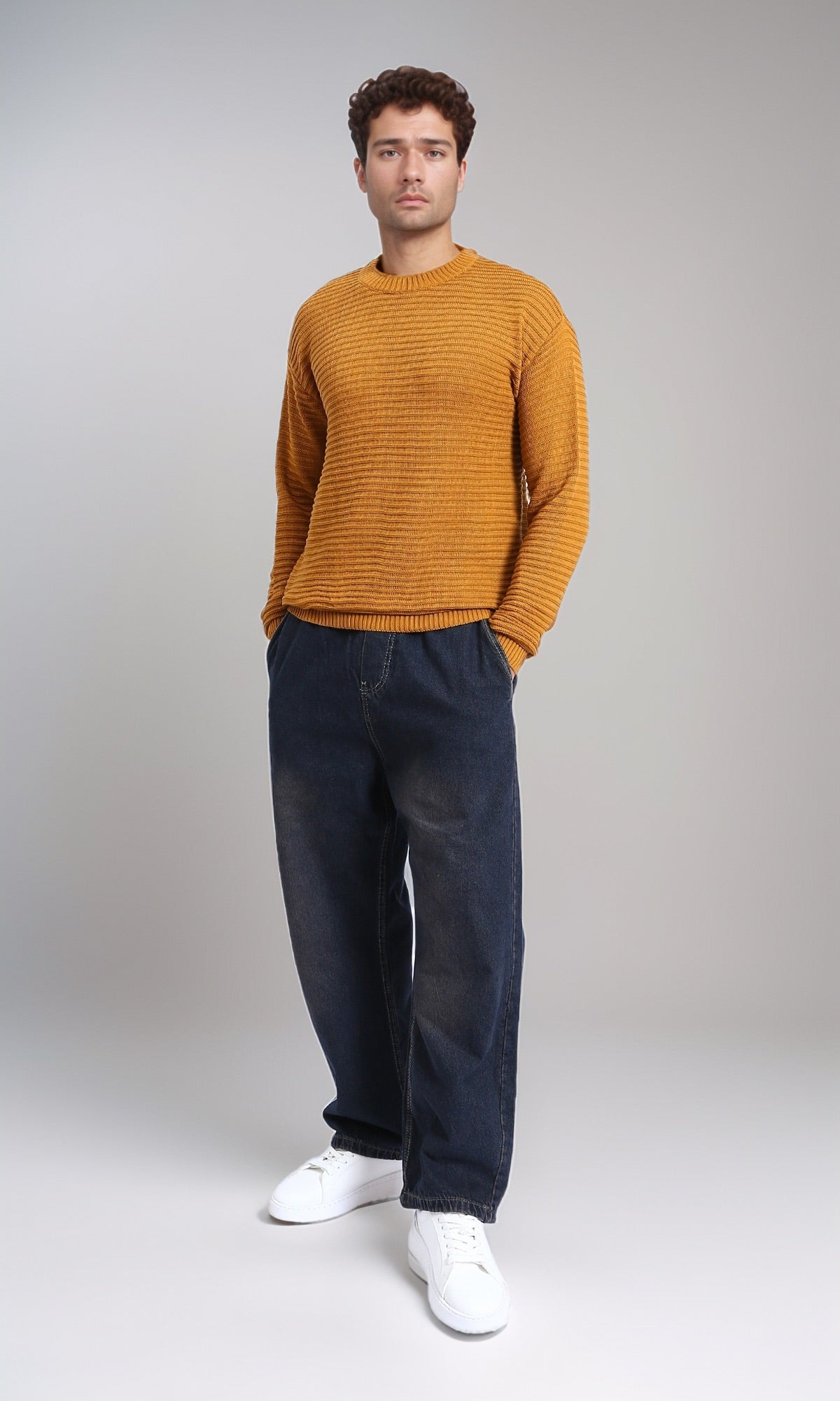 R212601 - Striped Round Neck Basic Pullover - Mustard