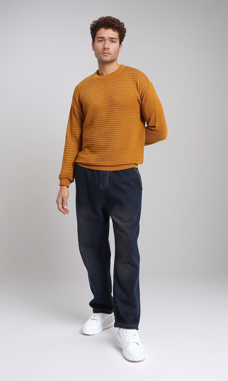 R212601 - Striped Round Neck Basic Pullover - Mustard