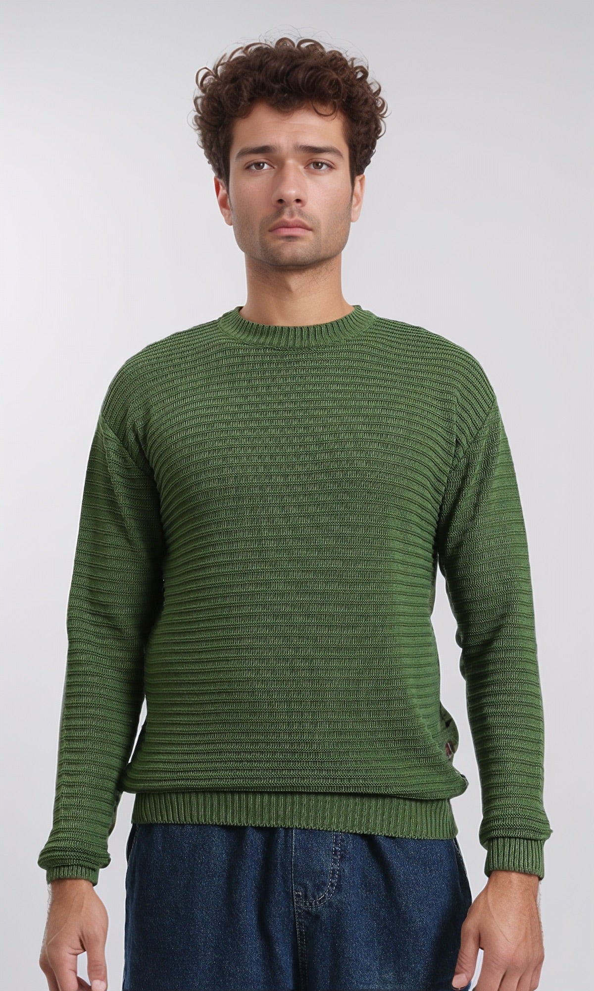 Striped Round Neck Basic Pullover - Emerald Green