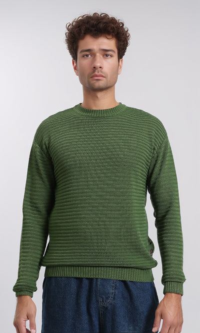 Striped Round Neck Basic Pullover - Emerald Green