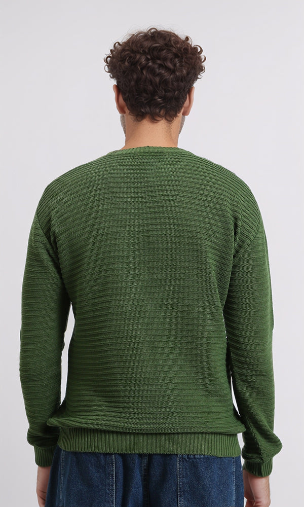 R212602 - Striped Round Neck Basic Pullover - Emerald Green