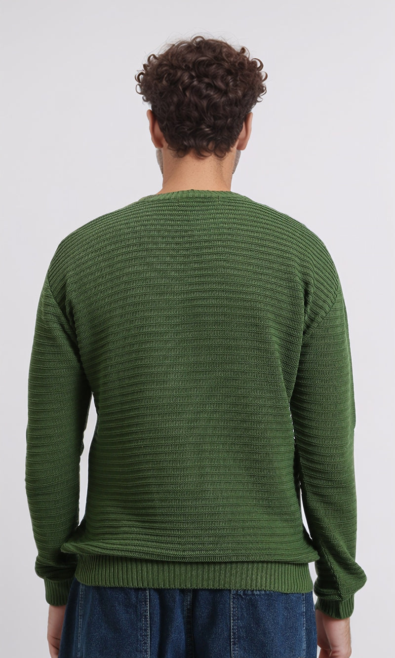 R212602 - Striped Round Neck Basic Pullover - Emerald Green
