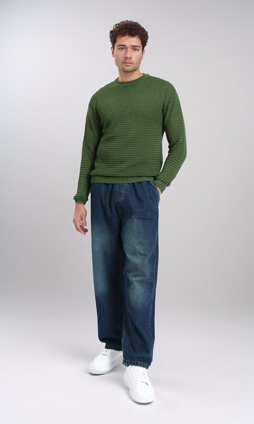 R212602 - Striped Round Neck Basic Pullover - Emerald Green