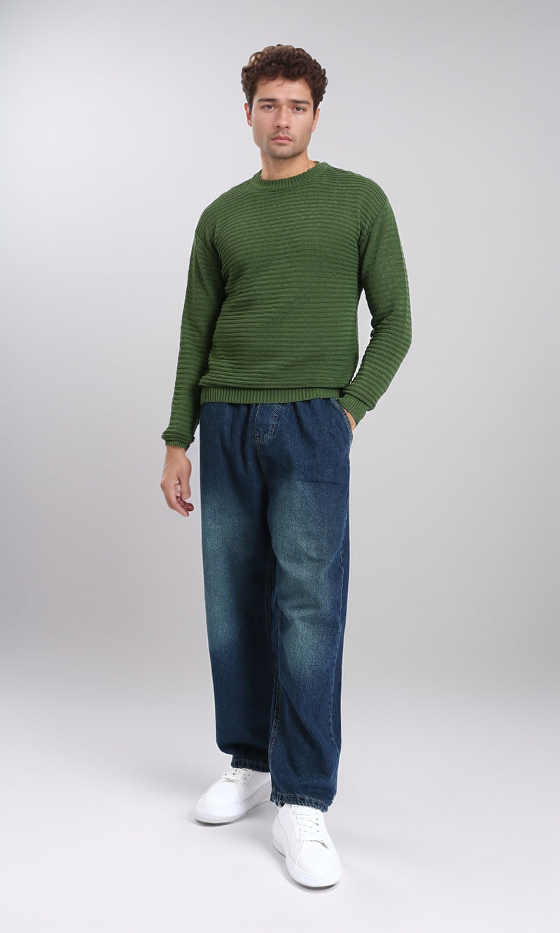 R212602 - Striped Round Neck Basic Pullover - Emerald Green