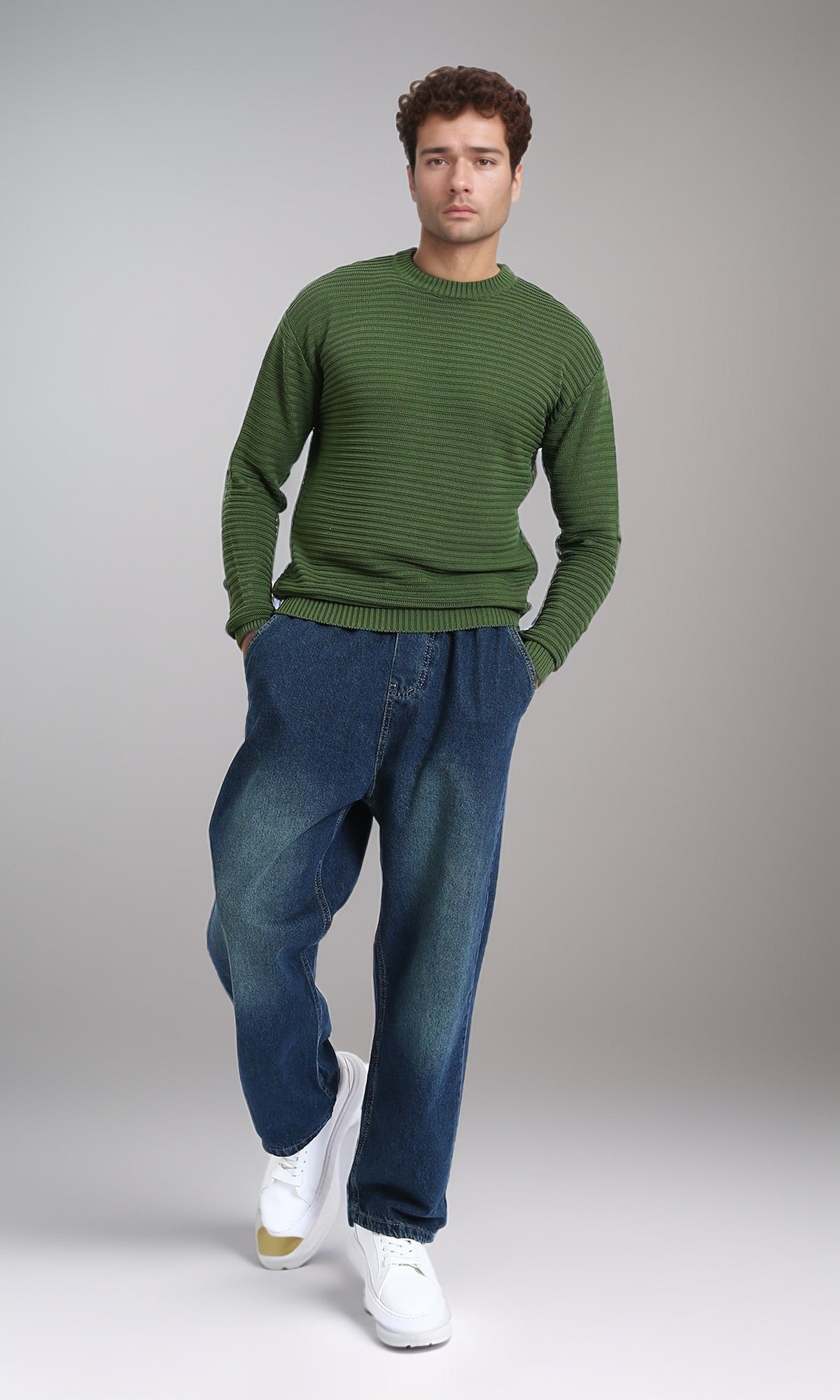 R212602 - Striped Round Neck Basic Pullover - Emerald Green
