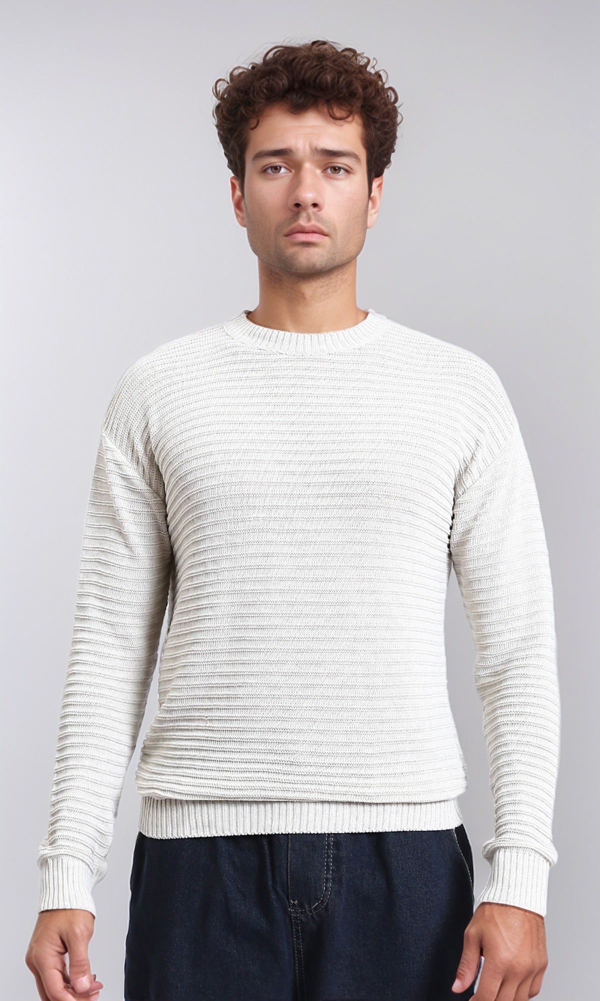Striped Round Neck Basic Pullover - Off-White